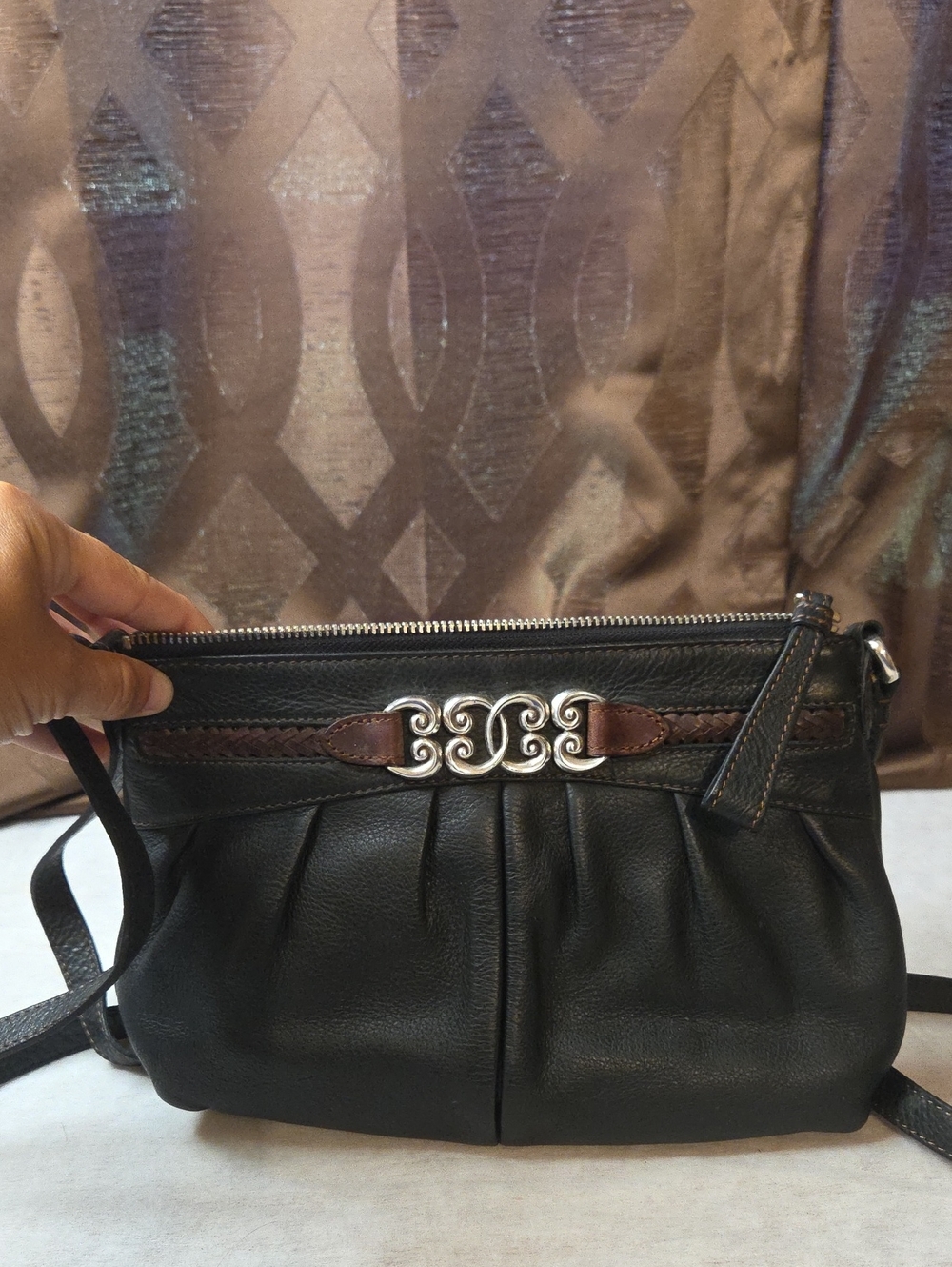 Brighton Black Leather Crossbody Bag with Brown Trim and Silver Accent - Picture 1 of 14